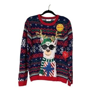 Holiday Time Sweater  M Men's  Blue Llama Drink Pouch Ugly Christmas NEW